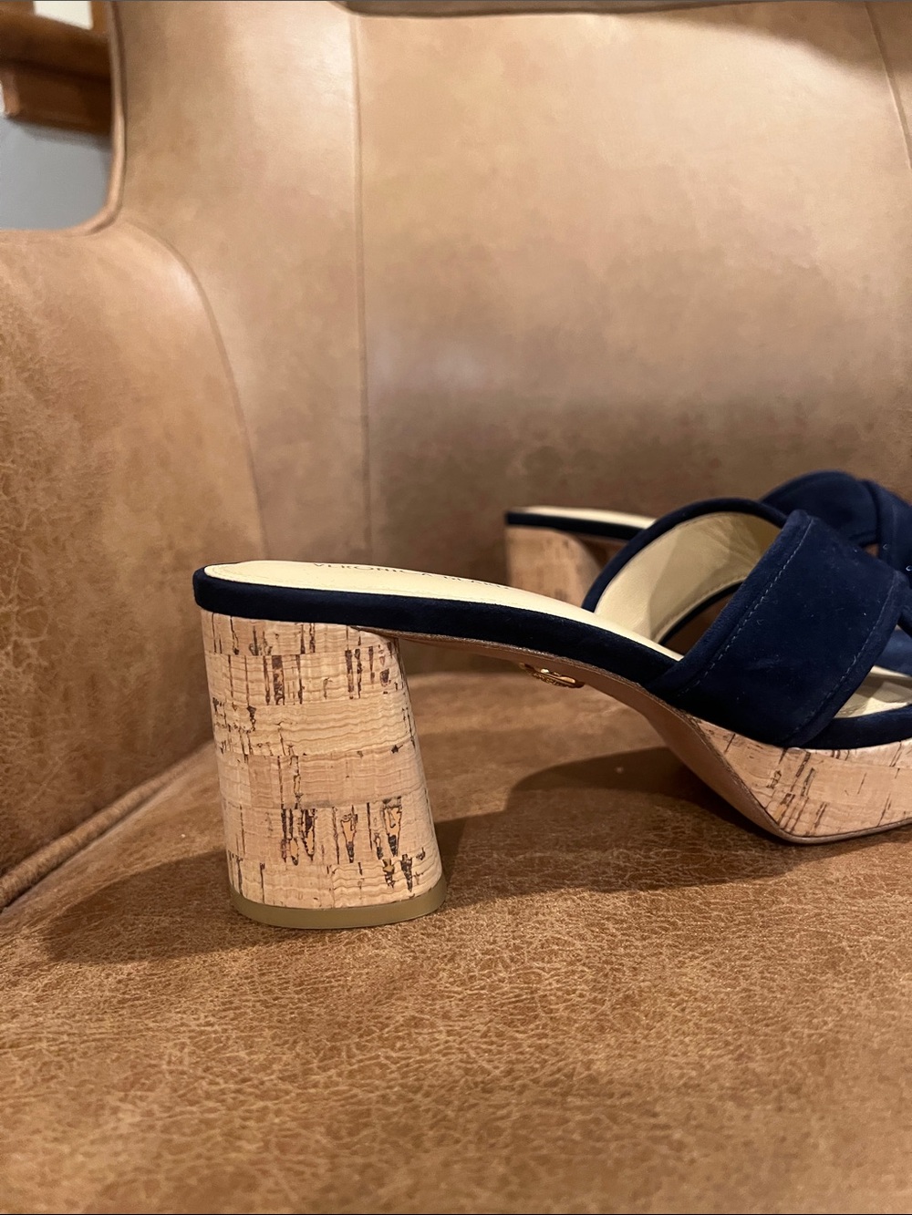 Veronica Beard Navy Suede Cork Block Heel Slides - Picture 4 of 9